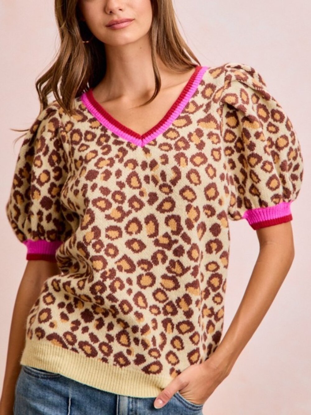 BiBi Leopard Pattern Puff Sleeve V-neck Sweater Top